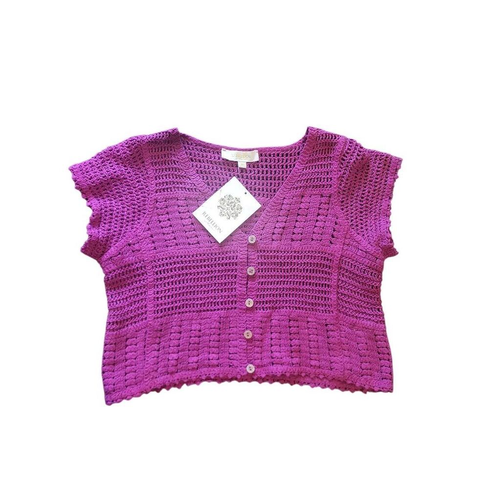 NWT Rebellion Again Cardigan Women's Medium Purple Short Sleeve Open Knit Boho
